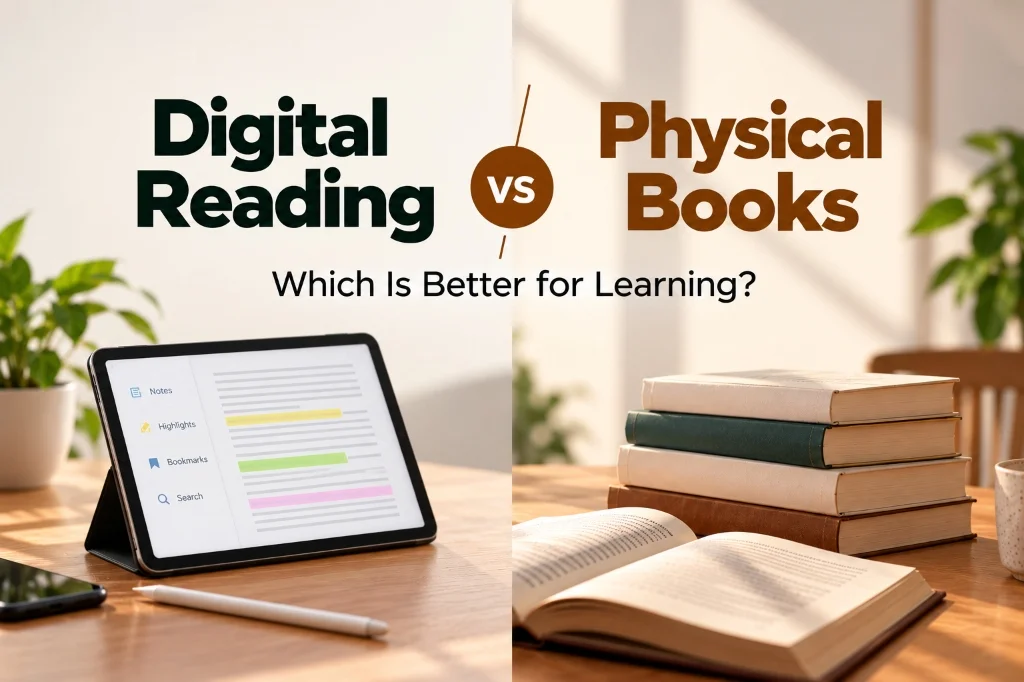 Digital Reading vs Physical Books on desk - eBook reader next to hardcover open book